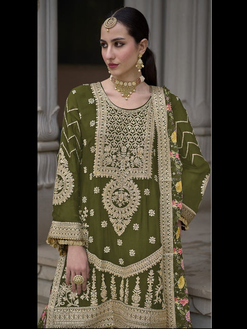 Mehndi Green Heavy Chinon Sharara Suit 191872 Closure View