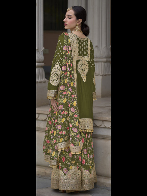 Mehndi Green Heavy Chinon Sharara Suit 191872 Back View