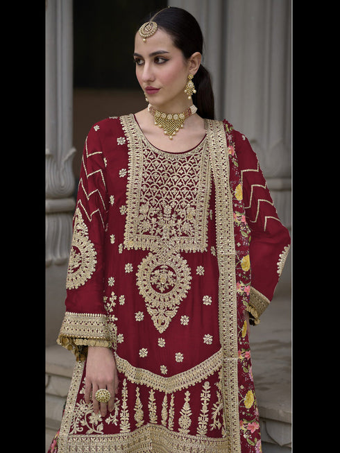 Maroon Heavy Chinon Sharara Suit 191873 Closure View