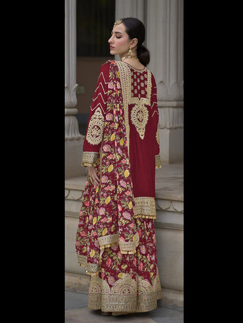 Maroon Heavy Chinon Sharara Suit 191873 Back View