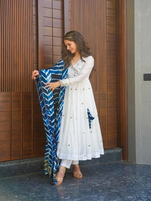 White Roman Cotton Anarkali Dress 191879 Back View