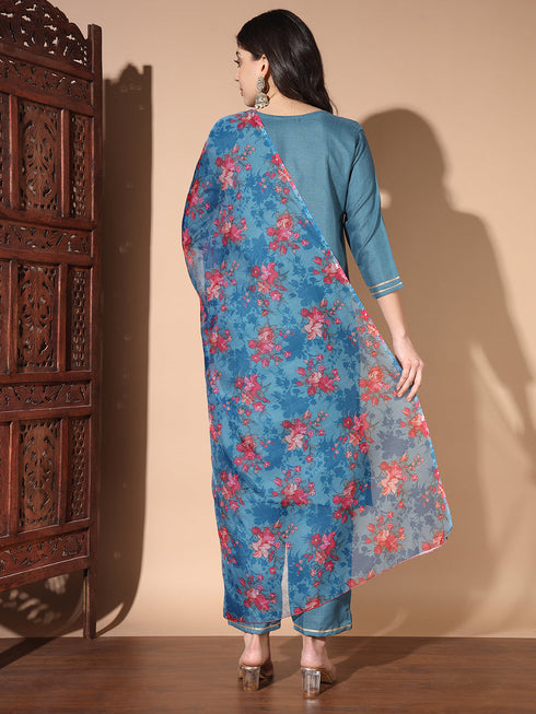 Blue Cotton Pant Suit 191885 Salwar Kameez