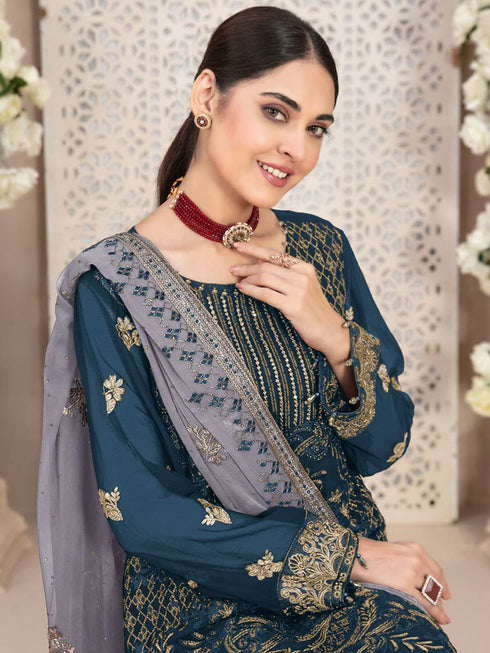 Teal Heavy Fox Georgette Pant Suit 191939 Closure View