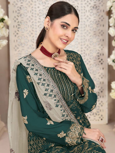 Dark Green Heavy Fox Georgette Pant Suit 191941 Closure View