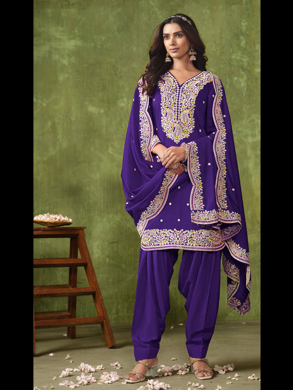 Purple Chanderi Roman Silk Patiyala Dress 191995