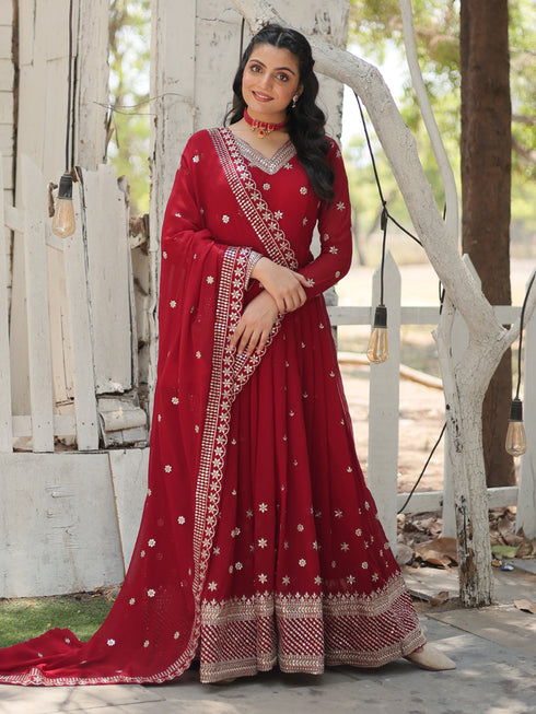 Red Faux Blooming Anarkali Dress 192018 Closure View