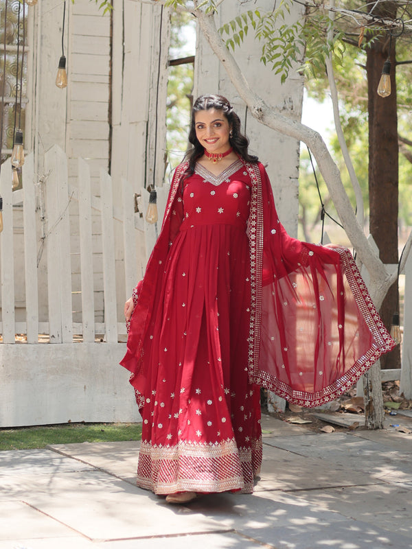 Red Faux Blooming Anarkali Dress 192018
