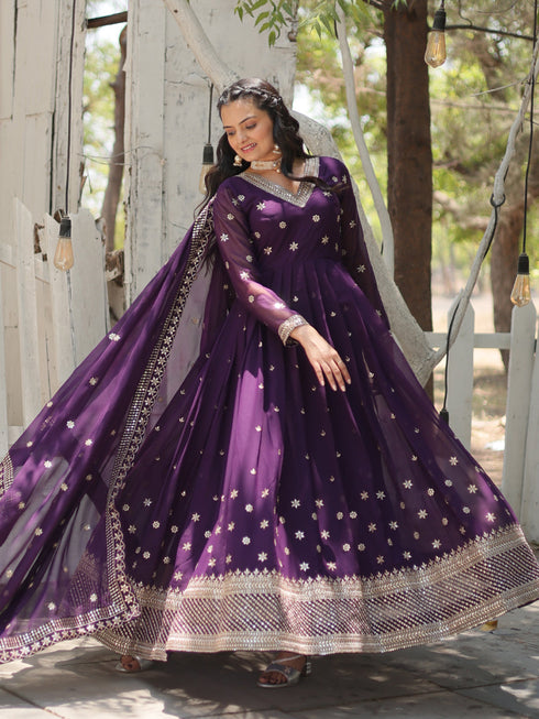 Purple Faux Blooming Anarkali Dress 192019 Back View