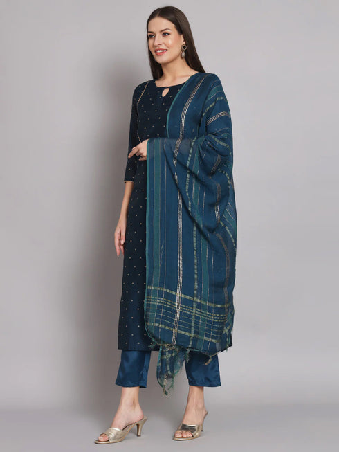 Navy Blue Chanderi Pant Suit 192055 Closure View