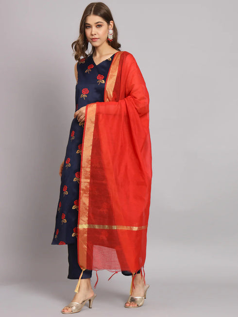 Navy Blue Cotton Silk Pant Suit 192115 Closure View