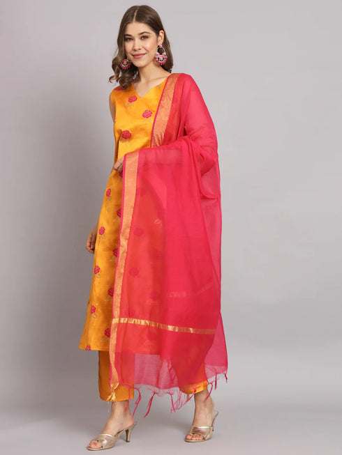 Mustard Cotton Silk Pant Suit 192116 Closure View