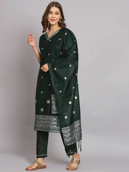 Green Cotton Silk Pant Suit 192118 Closure View