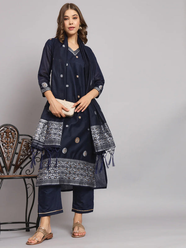 Navy Blue Cotton Silk Pant Suit 192120