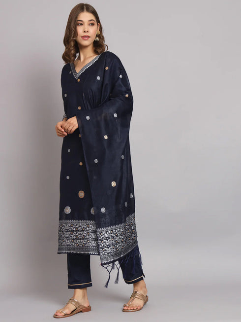 Navy Blue Cotton Silk Pant Suit 192120 Closure View