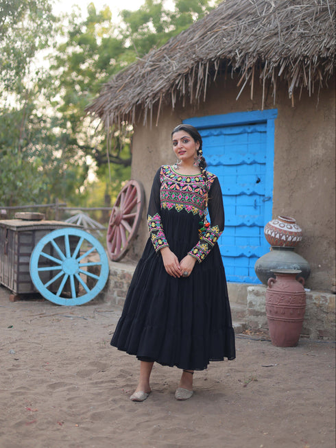 Black Navratri Festive Premium Faux Blooming Gown Collection Closure View