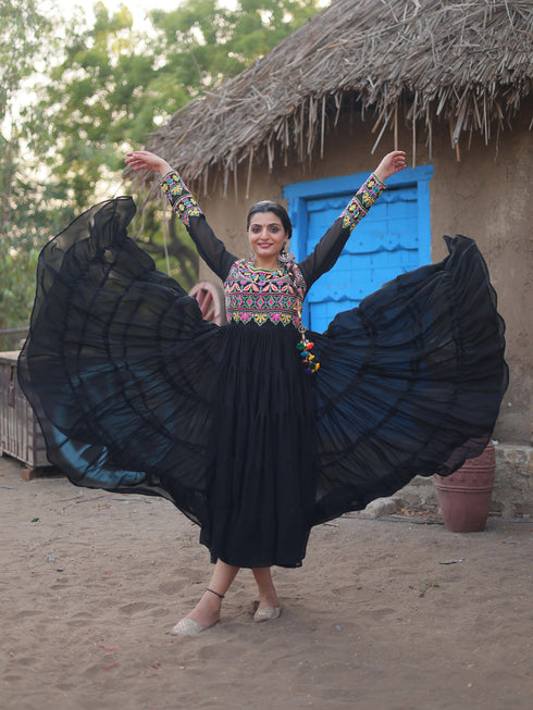 Black Navratri Festive Premium Faux Blooming Gown Collection Back View