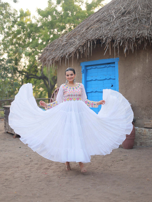 White Navratri Festive Premium Faux Blooming Gown Collection Back View