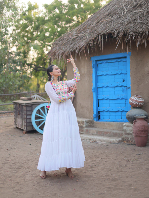 White Navratri Festive Premium Faux Blooming Gown Collection