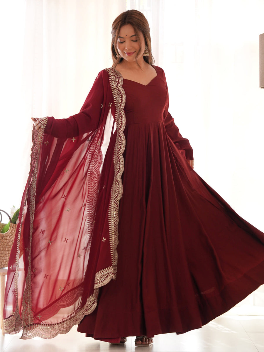 Maroon Roman Shimmer Chanderi Silk Beads Zari Embroidery Anarkali Suit Set
