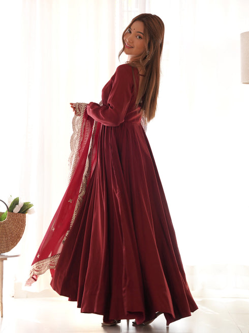 Maroon Heavy Pure Roman Silk Chanderi Anarkali Dress 192222 Back View