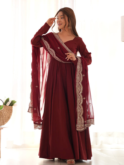 Maroon Heavy Pure Roman Silk Chanderi Anarkali Dress 192222