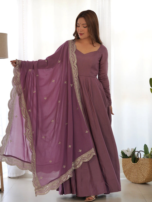 Mauve Heavy Pure Roman Silk Chanderi Anarkali Dress 192223