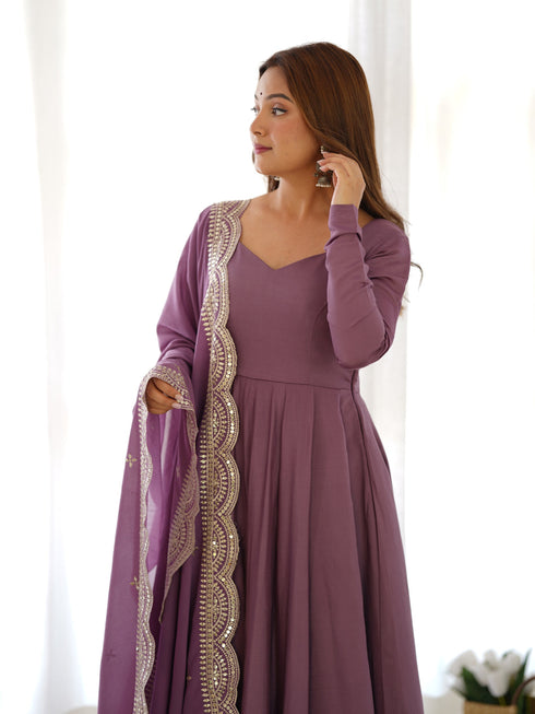 Mauve Heavy Pure Roman Silk Chanderi Anarkali Dress 192223 Salwar Kameez