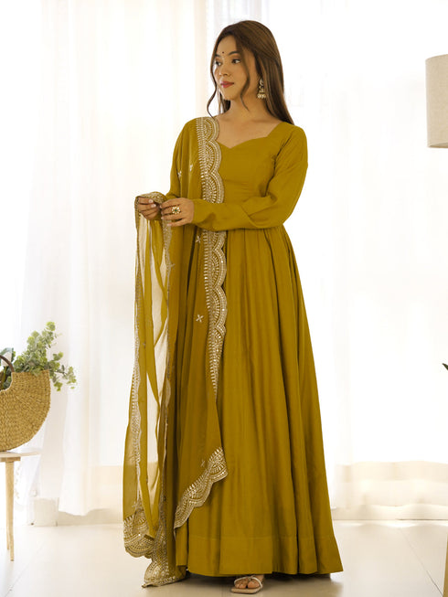 Mustard Heavy Pure Roman Silk Chanderi Anarkali Dress 192224 Closure View