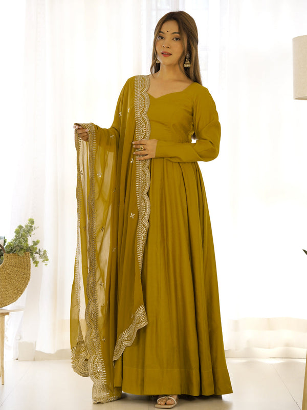 Mustard Heavy Pure Roman Silk Chanderi Anarkali Dress 192224