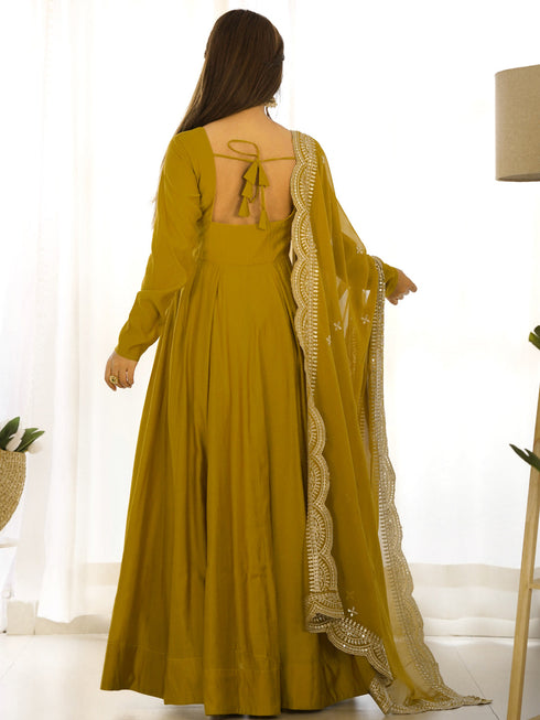 Mustard Heavy Pure Roman Silk Chanderi Anarkali Dress 192224 Back View