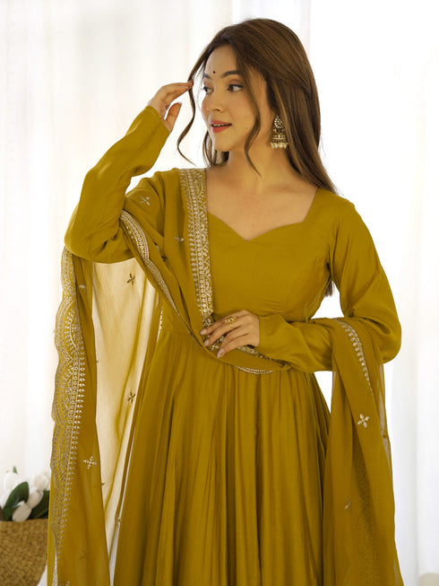 Mustard Heavy Pure Roman Silk Chanderi Anarkali Dress 192224 Salwar Kameez