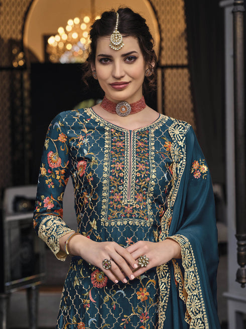 Teal Heavy Premium Silk Palazzo Suit 192281 Closure View