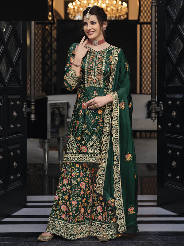 Green Heavy Premium Silk Palazzo Suit 192283