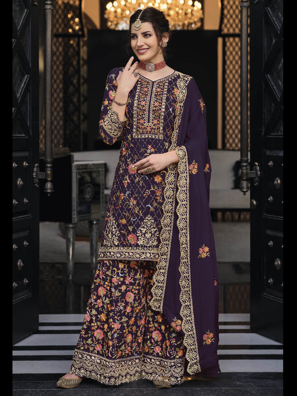 Purple Heavy Premium Silk Palazzo Suit 192284