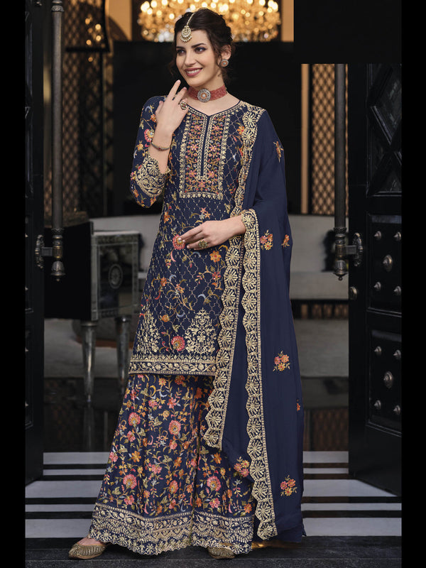 Navy Blue Heavy Premium Silk Palazzo Suit 192285