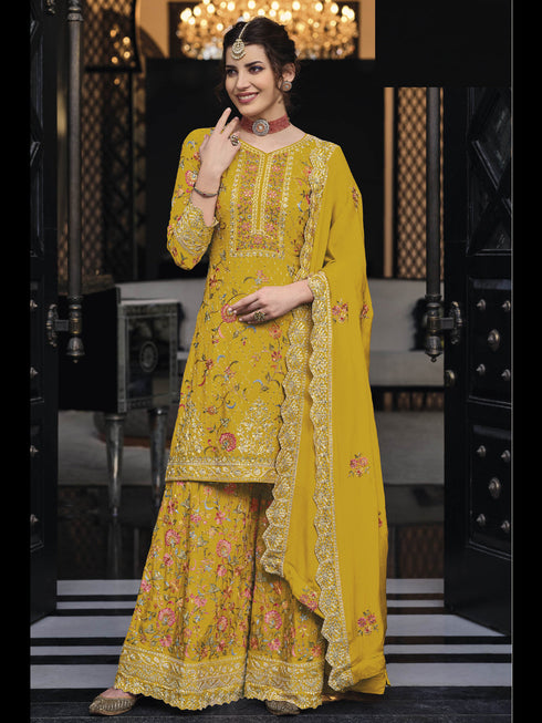 Yellow Heavy Premium Silk Palazzo Suit 192286