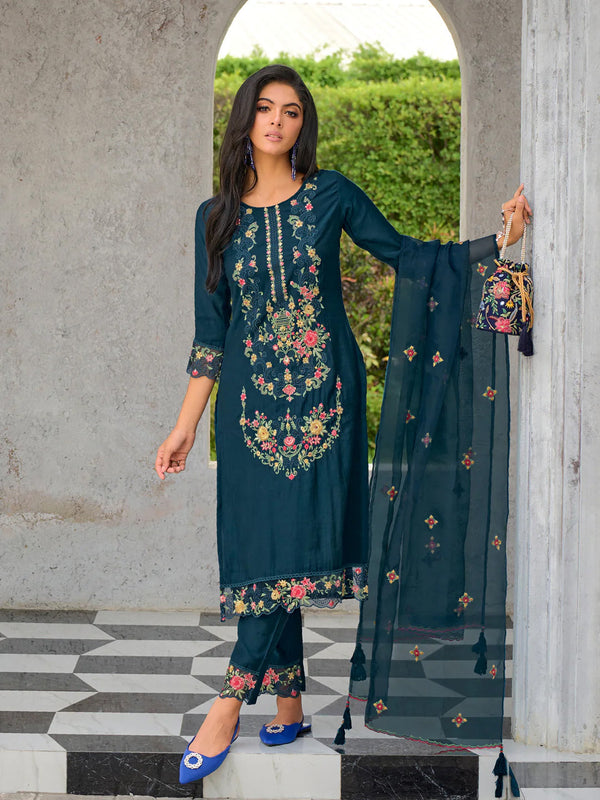 Teal Pure Viscose Pant Suit 192298