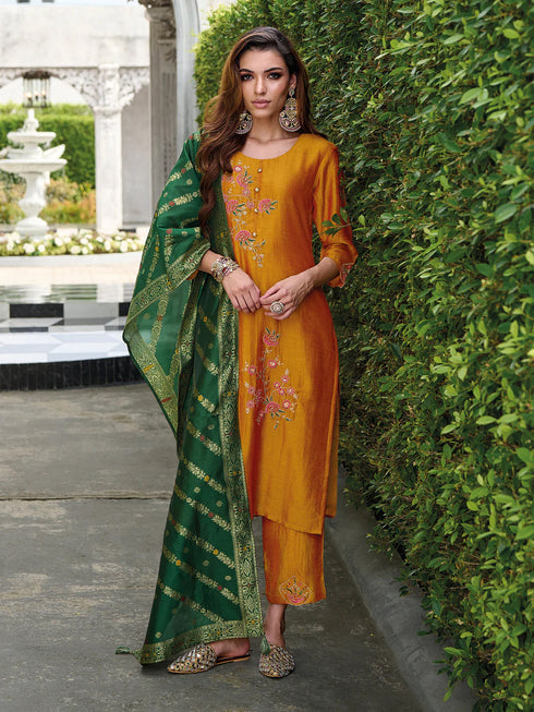 Mustard Vichitra Silk Pant Suit 192302