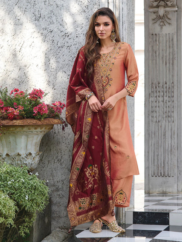Peach Vichitra Silk Pant Suit 192303