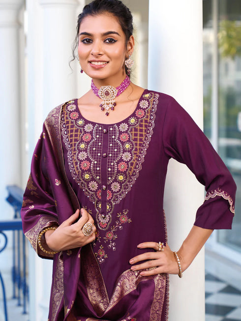 Purple Pure Viscose Pant Suit 192307 Closure View