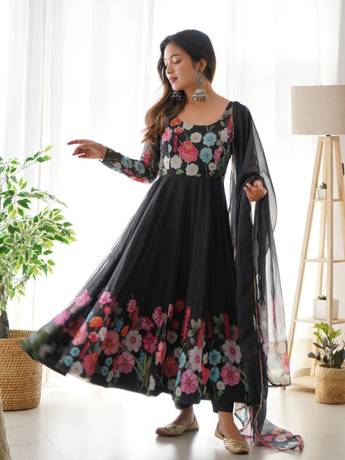 Black Heavy Pure Soft Organza Silk Anarkali Dress 192334 Closure View