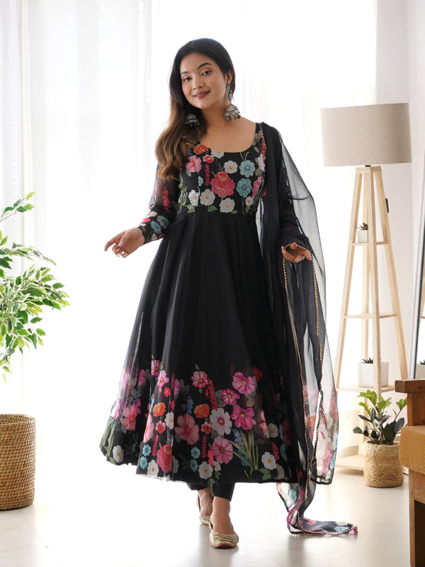 Black Heavy Pure Soft Organza Silk Anarkali Dress 192334