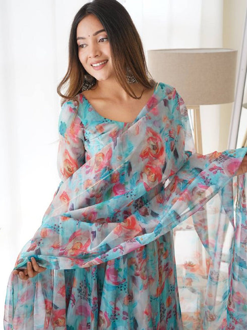 Multi Heavy Pure Soft Tabby Organza Silk Anarkali Dress 192336 Back View