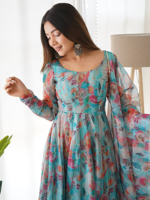 Multi Heavy Pure Soft Tabby Organza Silk Anarkali Dress 192336 Salwar Kameez