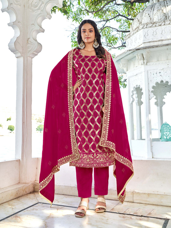 Rani Pink Blooming Vichitra Pant Suit 192352