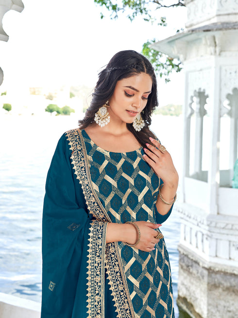 Teal Blooming Vichitra Pant Suit 192353 Closure View