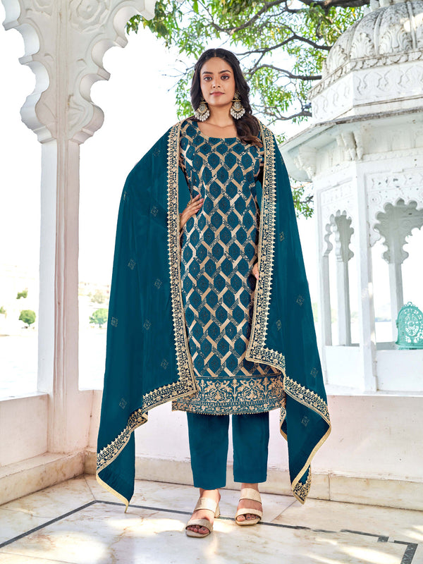 Teal Blooming Vichitra Pant Suit 192353