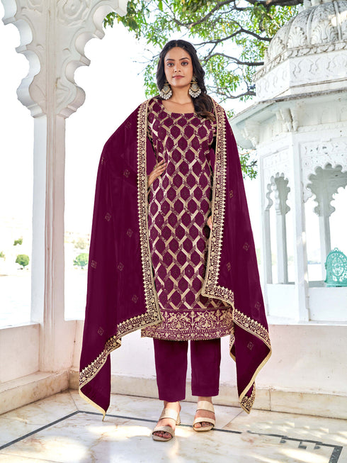Wine Blooming Vichitra Pant Suit 192355