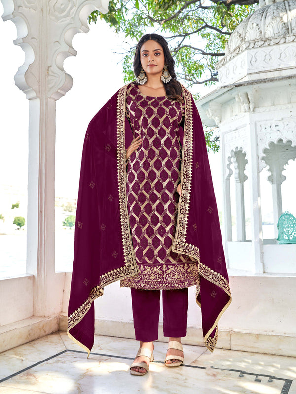 Wine Blooming Vichitra Pant Suit 192355