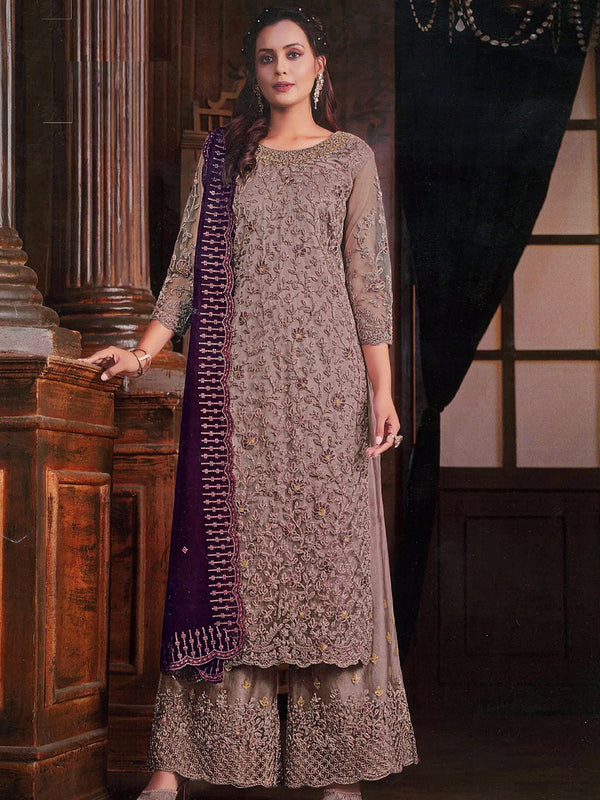 Beige Heavy Butterfly Net Palazzo Suit 192356